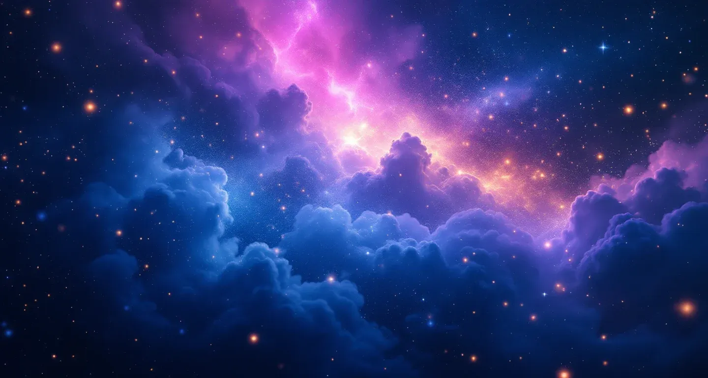 Escena onírica atmosférica con nebulosa morada-magenta y estrellas doradas que representa el símbolo de oír el sonido del adhan en sueños.