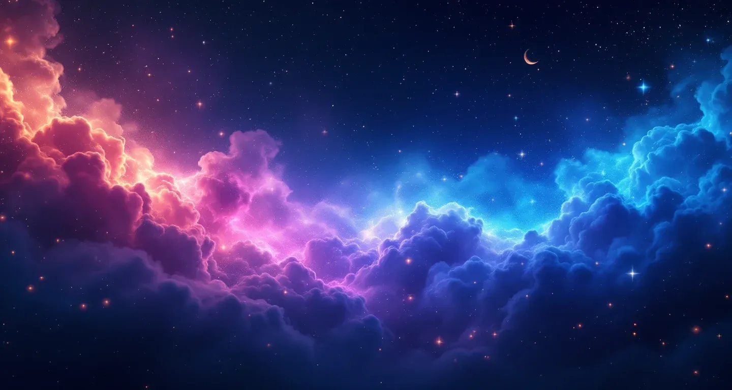 Atmosphärische Traumszene mit violetter, magentafarbener Nebelwolke und goldenen Sternen, die das Symbol „Maus im Traum sehen nach Diyanet“ darstellen.