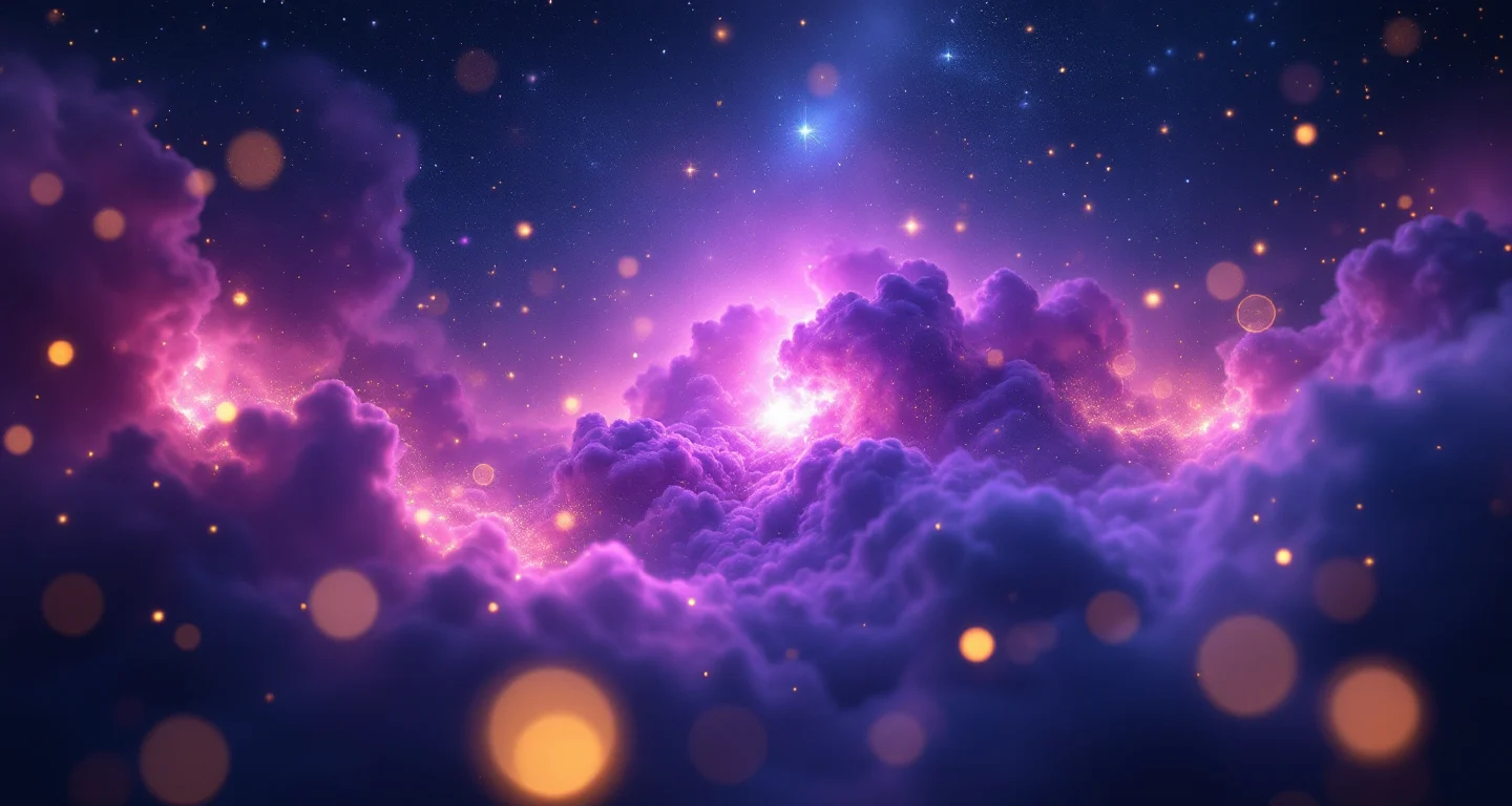 Rüyada Fare Görmek Ne Anlama Gelir sembolünü temsil eden, mor-magenta bulutsu ve altın yıldızlardan oluşan atmosferik rüya sahnesi.