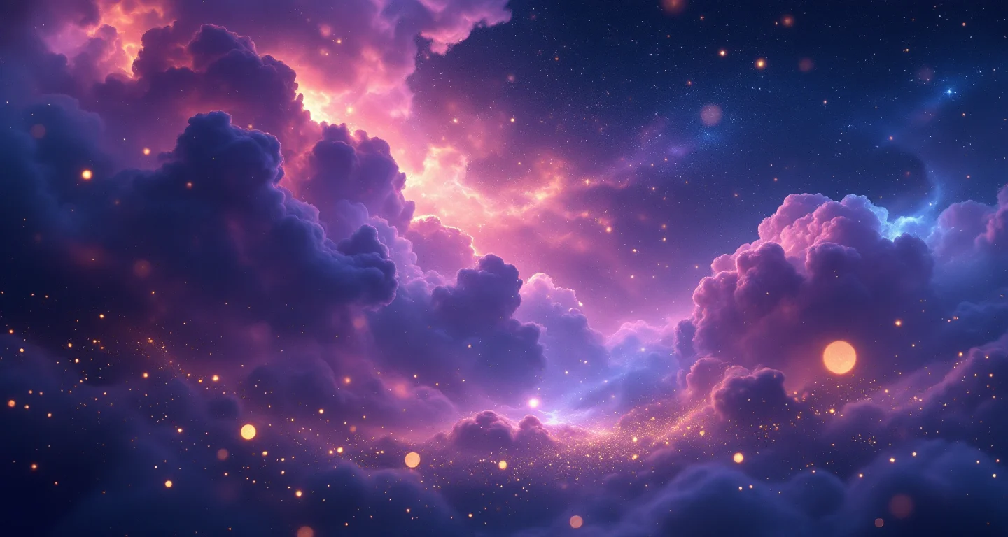 Rüyada Fare Görmek sembolünü temsil eden, mor-magenta bulutsu ve altın yıldızlardan oluşan atmosferik rüya sahnesi.