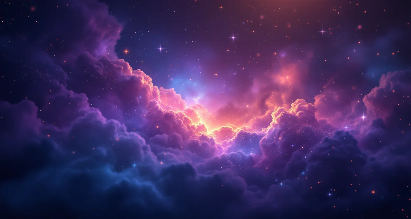 Rüyada Fare ve Kedi Görmek sembolünü temsil eden, mor-magenta bulutsu ve altın yıldızlardan oluşan atmosferik rüya sahnesi.