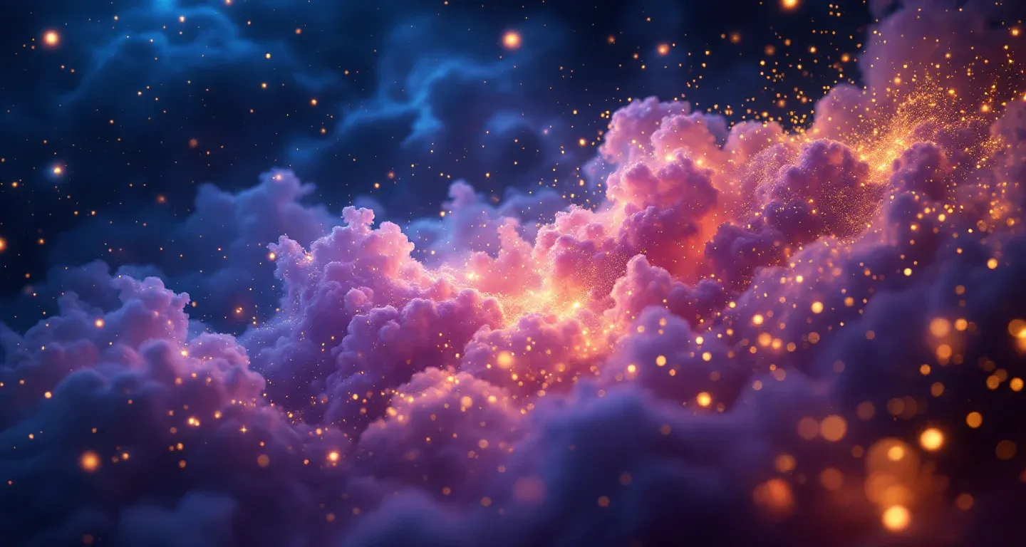 Atmosphärische Traumszene mit violett-magenta Wolkennebel und goldenen Sternen, die das Symbol des Mäusefangens im Traum darstellt.