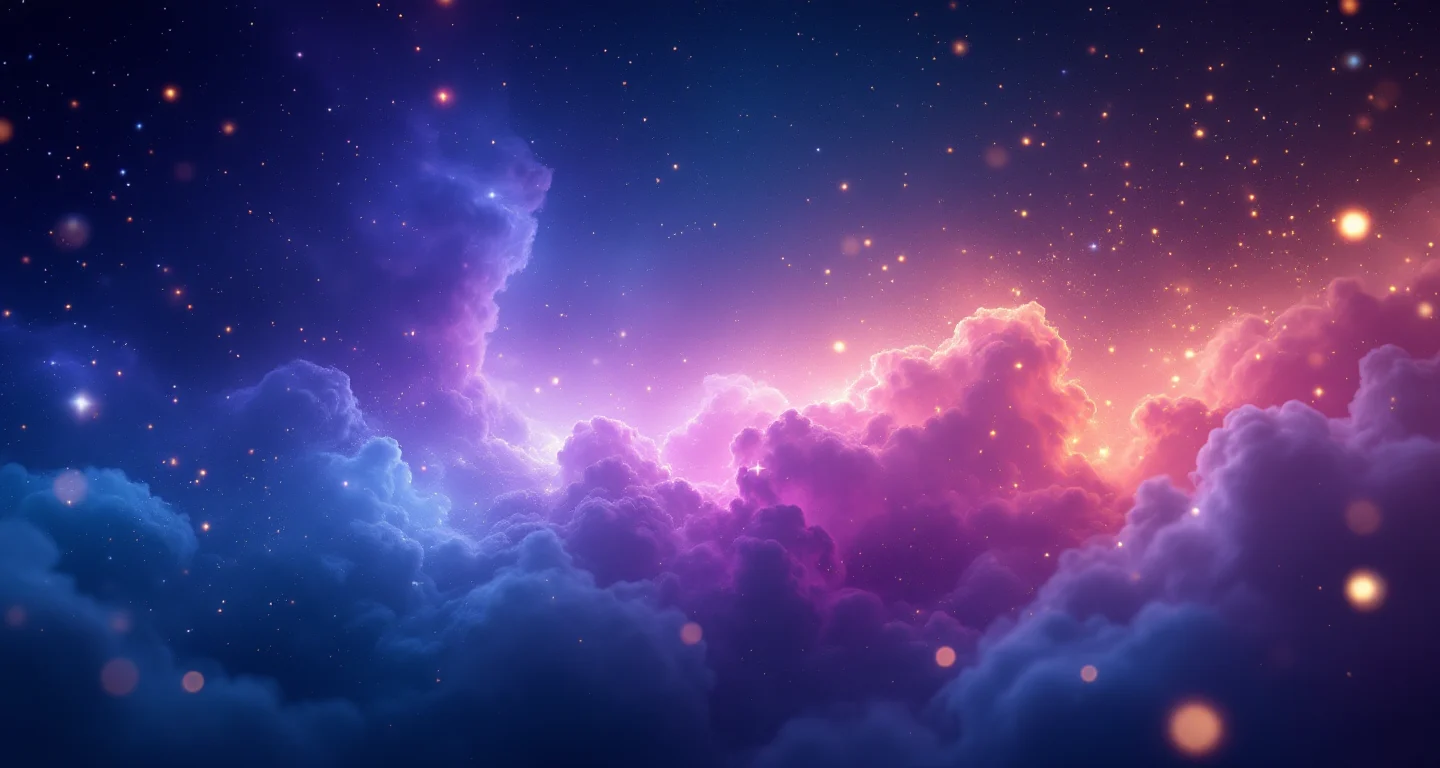 Rüyada Fırtına Görmek sembolünü temsil eden, mor-magenta bulutsu ve altın yıldızlardan oluşan atmosferik rüya sahnesi.