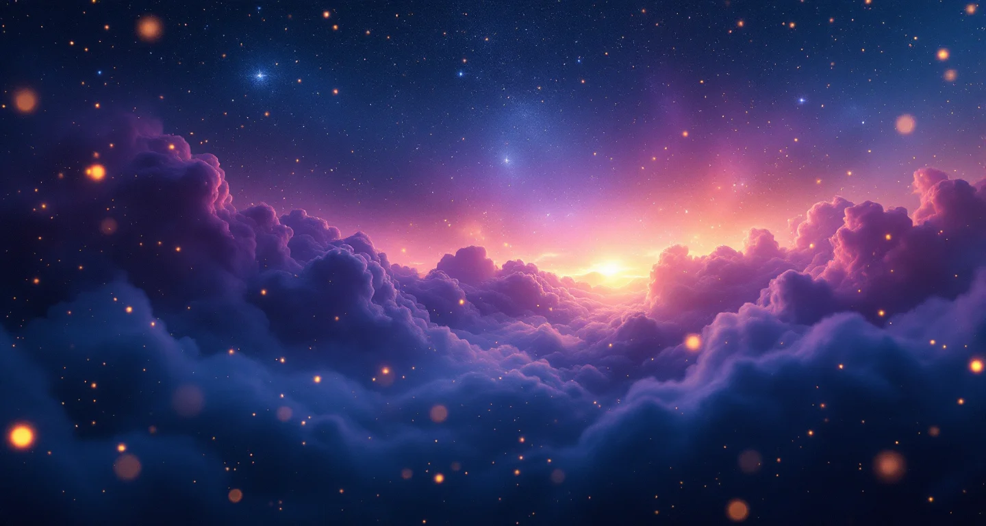 Rüyada Gasp Edilmekten Kurtulmak sembolünü temsil eden, mor-magenta bulutsu ve altın yıldızlardan oluşan atmosferik rüya sahnesi.
