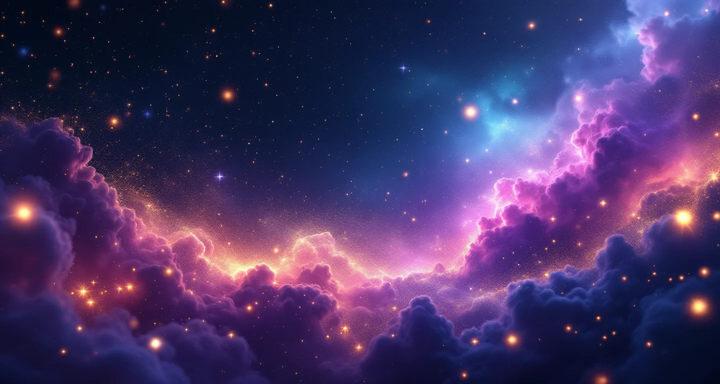 Rüyada Gelinlik Giymek sembolünü temsil eden, mor-magenta bulutsu ve altın yıldızlardan oluşan atmosferik rüya sahnesi.