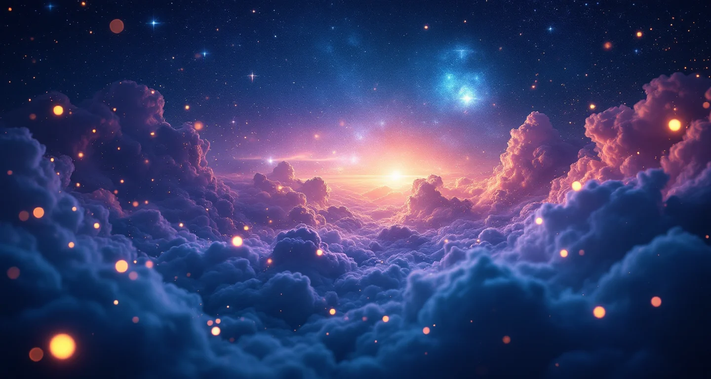 Rüyada Gelinlik Görmek sembolünü temsil eden, mor-magenta bulutsu ve altın yıldızlardan oluşan atmosferik rüya sahnesi.