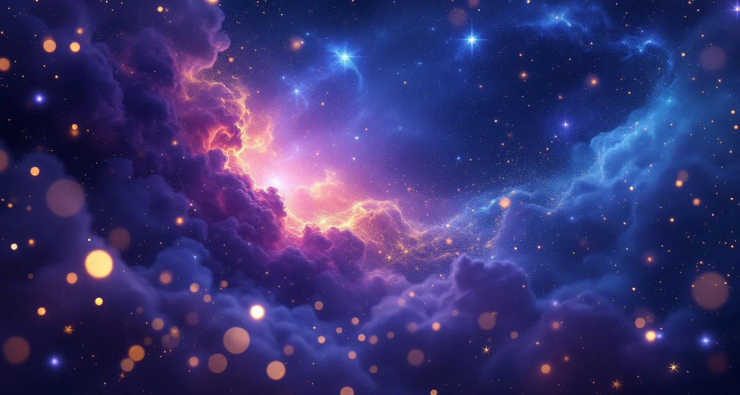 Rüyada Gen Görmek sembolünü temsil eden, mor-magenta bulutsu ve altın yıldızlardan oluşan atmosferik rüya sahnesi.