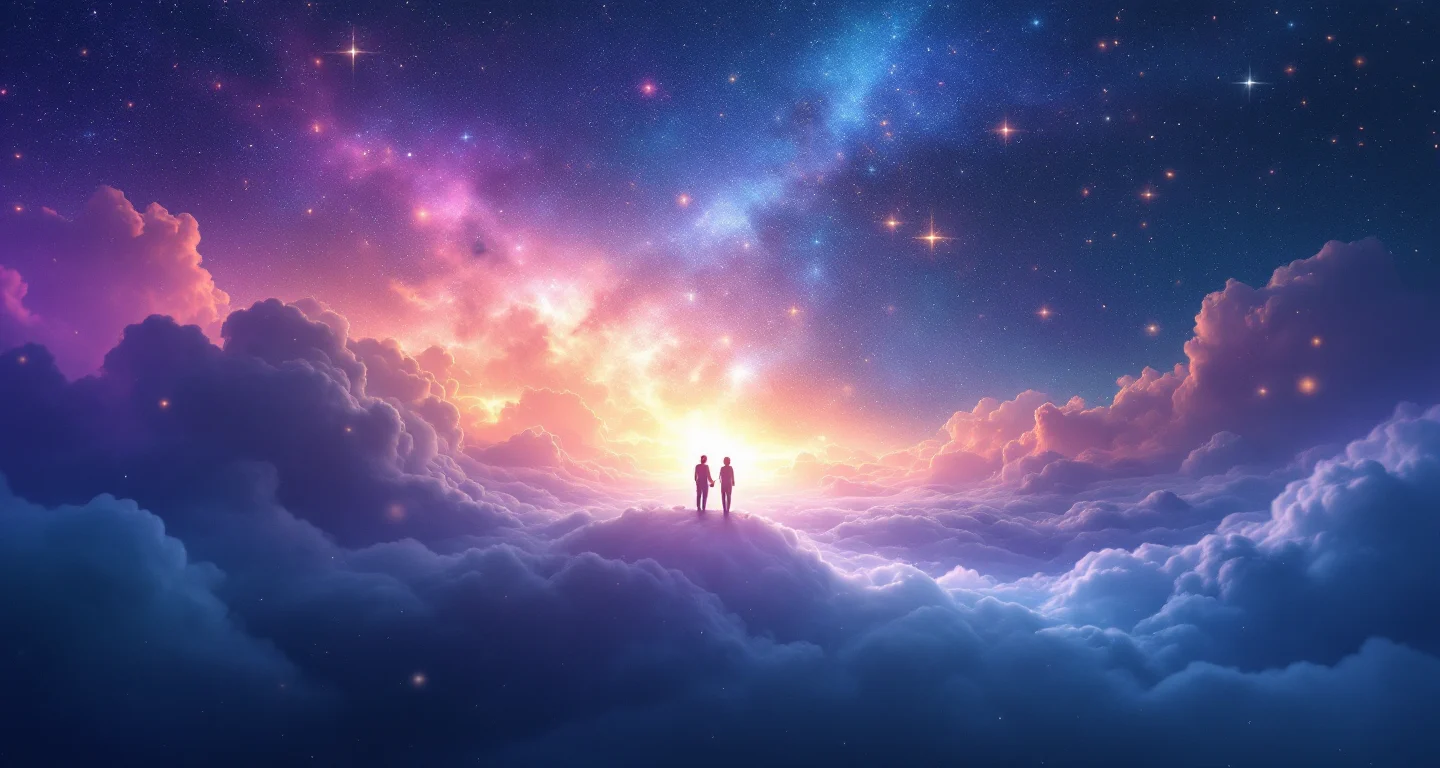 Rüyada Gerçekte Evliyken Eski Sevgiliyi Görmek sembolünü temsil eden, mor-magenta bulutsu ve altın yıldızlardan oluşan atmosferik rüya sahnesi.