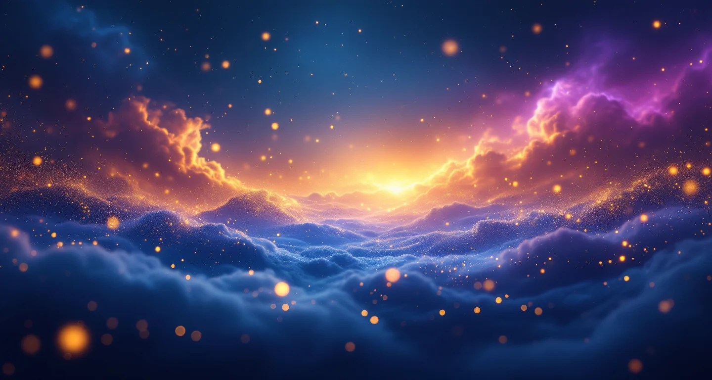 Rüyada Gerdeğe Girememek sembolünü temsil eden, mor-magenta bulutsu ve altın yıldızlardan oluşan atmosferik rüya sahnesi.