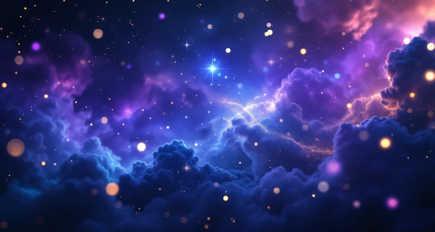Rüyada Gorilden Kaçmak sembolünü temsil eden, mor-magenta bulutsu ve altın yıldızlardan oluşan atmosferik rüya sahnesi.