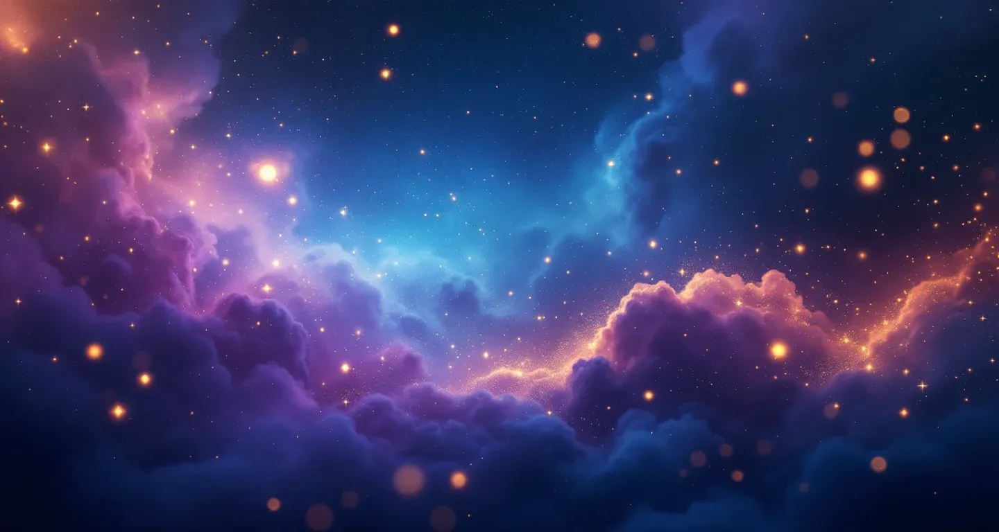 Eine atmosphärische Traumszene aus violett-magenta Nebeln und goldenen Sternen, die das Symbol der Schwägerin im Traum sehen darstellt.