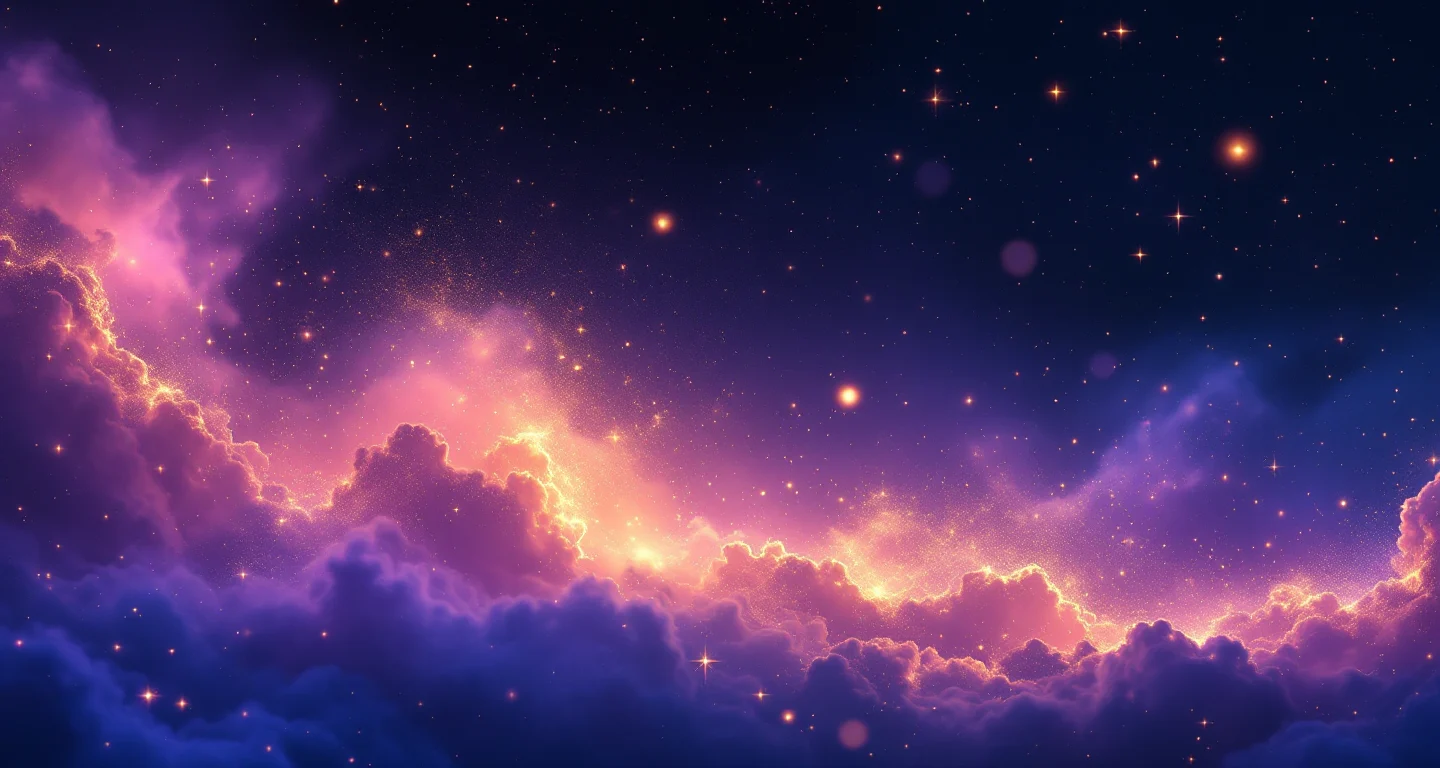 Rüyada Gri Kedi Görmek sembolünü temsil eden, mor-magenta bulutsu ve altın yıldızlardan oluşan atmosferik rüya sahnesi.