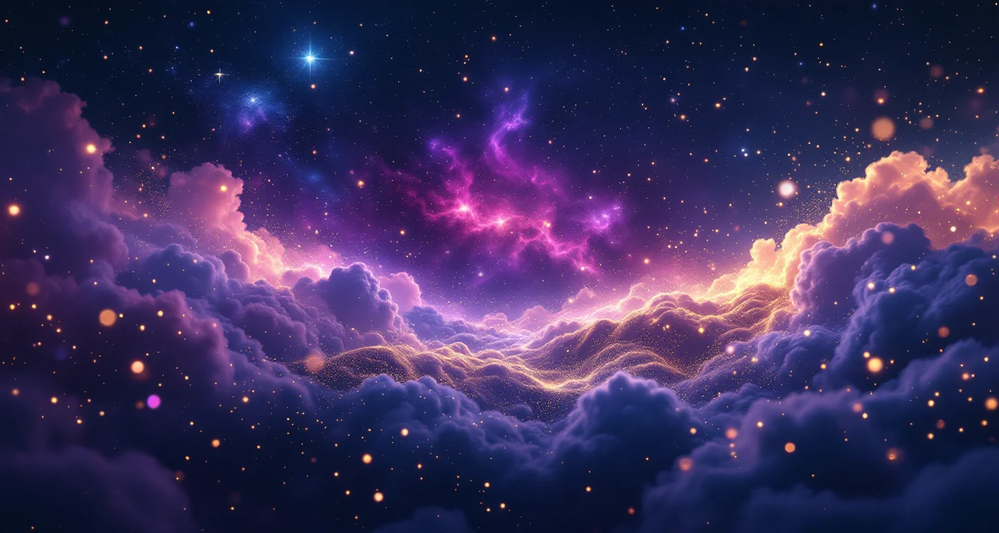 Rüyada Güvercin Görmek sembolünü temsil eden, mor-magenta bulutsu ve altın yıldızlardan oluşan atmosferik rüya sahnesi.