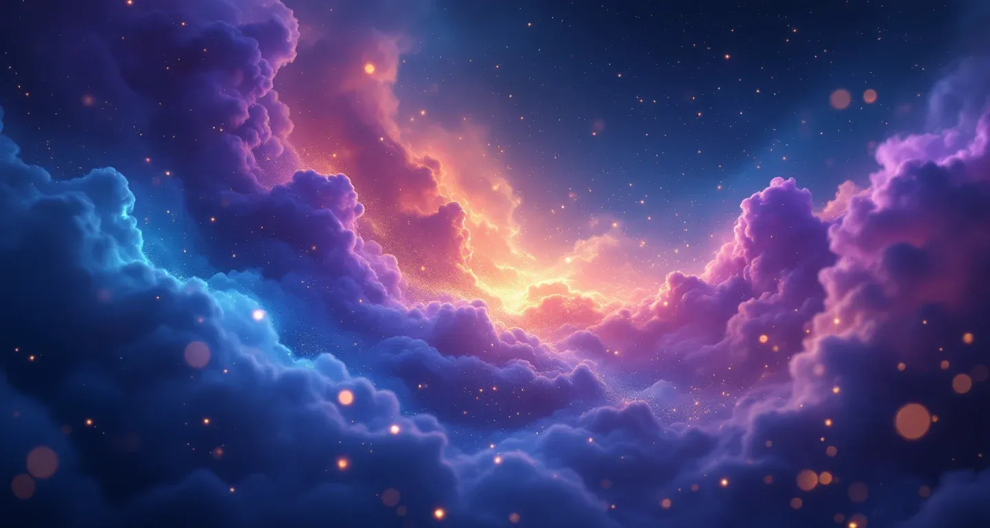 夢でおばを見る象徴を表した、紫とマゼンタの星雲と金色の星が浮かぶ幻想的な夢の情景。
