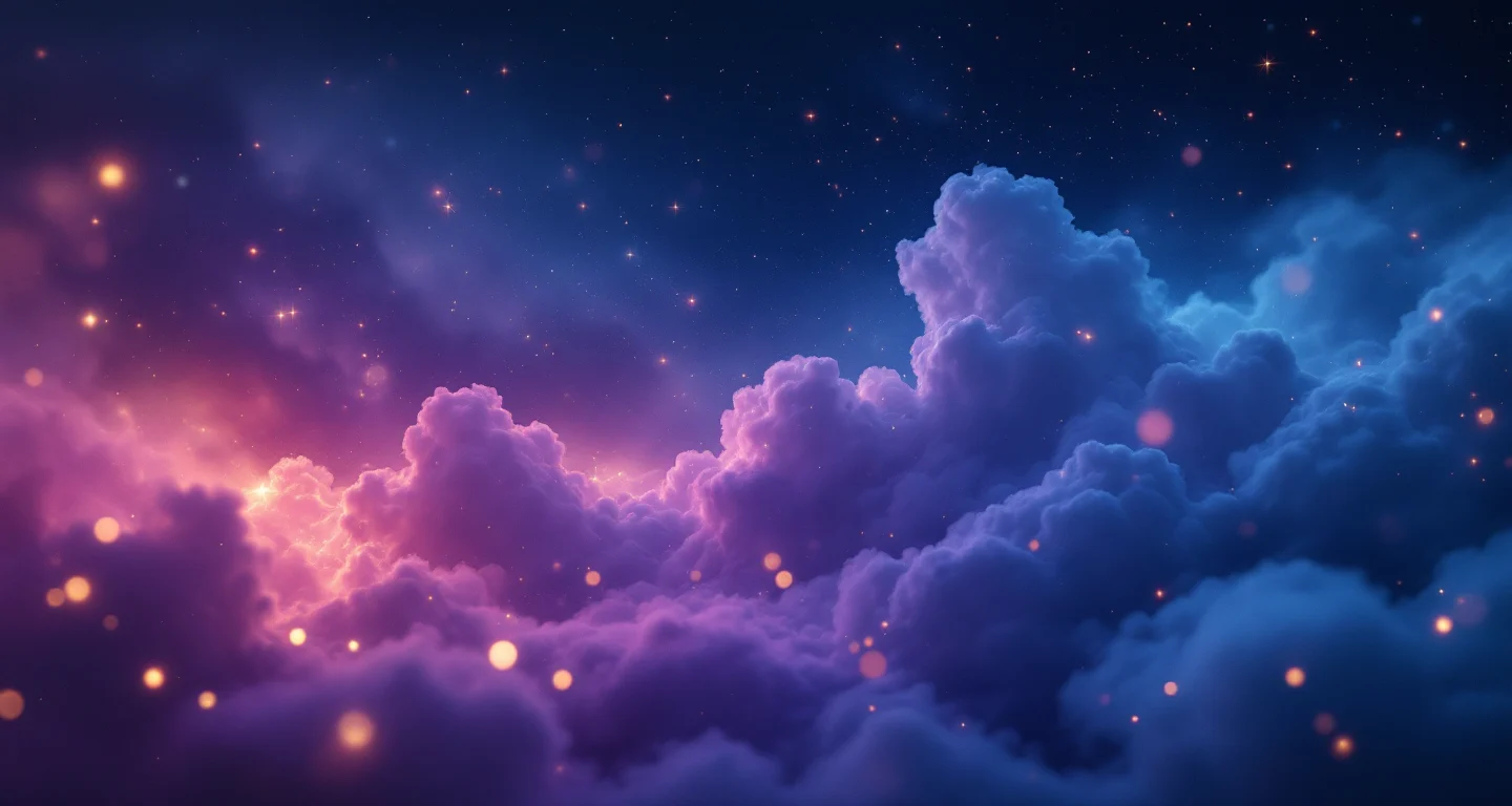 Rüyada Halay Çekmek Görmek sembolünü temsil eden, mor-magenta bulutsu ve altın yıldızlardan oluşan atmosferik rüya sahnesi.