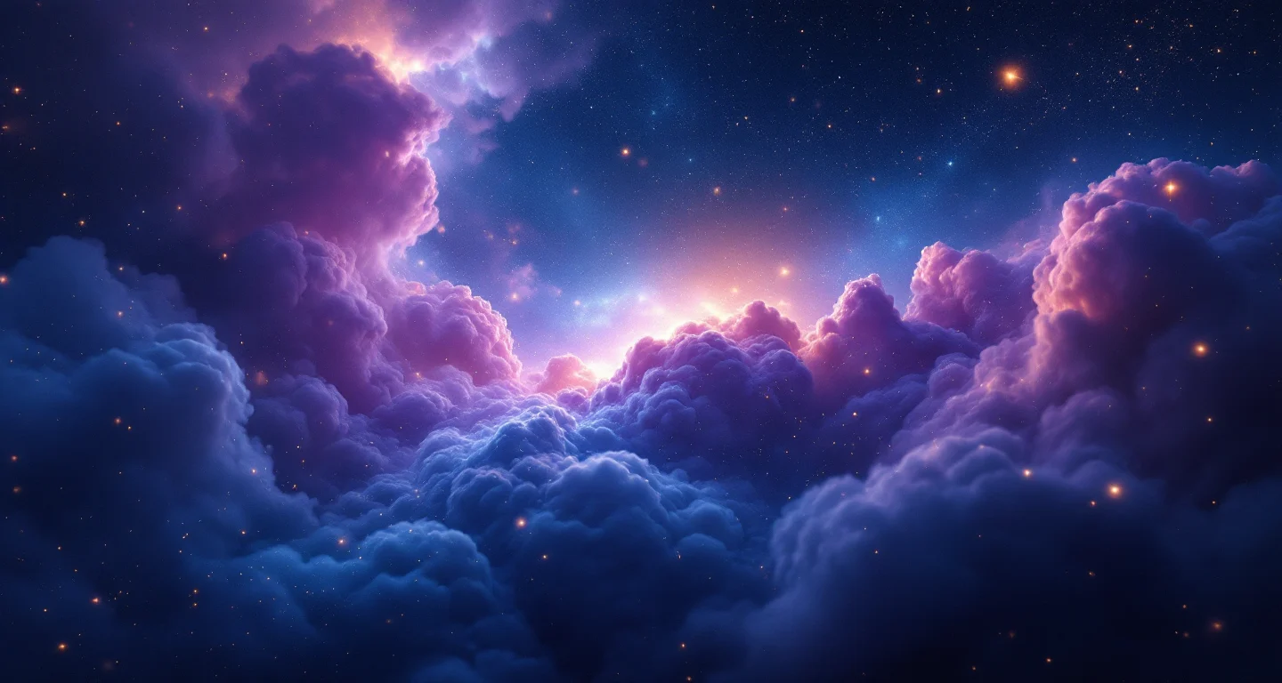 Rüyada Halı Görmek sembolünü temsil eden, mor-magenta bulutsu ve altın yıldızlardan oluşan atmosferik rüya sahnesi.
