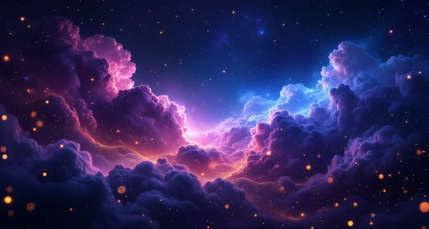 Atmosphärische Traumlandschaft mit violett-magenta Nebel und goldenen Sternen, die das Symbol des Teppichwaschens im Traum darstellt.