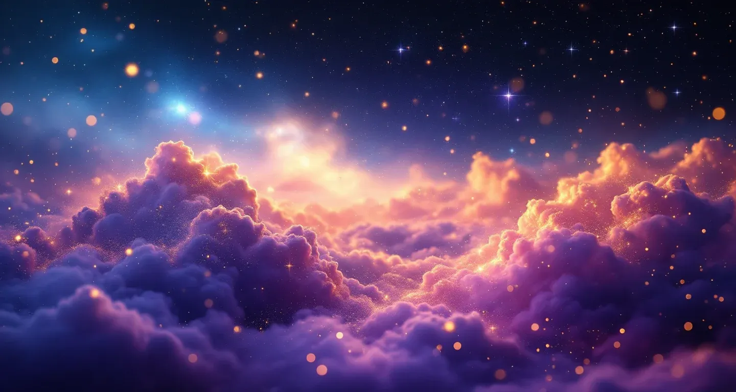 Atmosphärische Traumszene aus violett-magenta Nebel und goldenen Sternen, die das Symbol Eine Frau im Badhaus im Traum sehen darstellt.