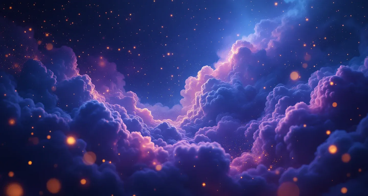 Atmosphärische Traumlandschaft aus violett-magenta Nebeln und goldenen Sternen, die das Symbol einer schwangeren Person mit Fehlgeburt darstellt.