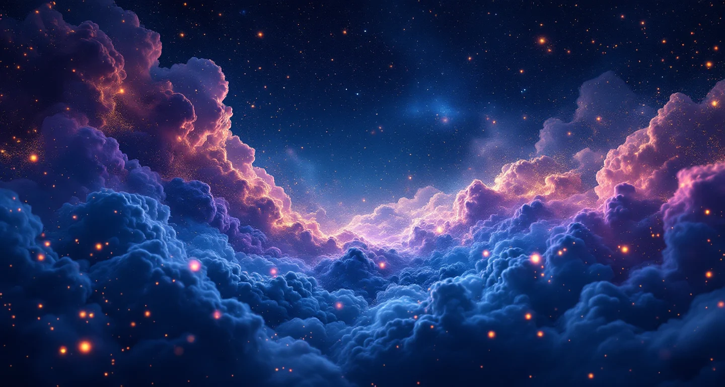 Rüyada Hamile Kadın Görmek sembolünü temsil eden, mor-magenta bulutsu ve altın yıldızlardan oluşan atmosferik rüya sahnesi.