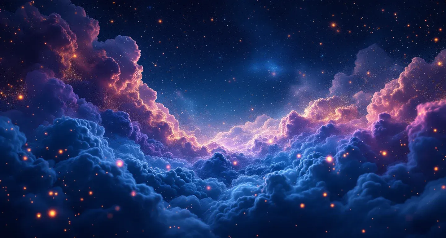 Rüyada Hamile Kadın Görmek sembolünü temsil eden, mor-magenta bulutsu ve altın yıldızlardan oluşan atmosferik rüya sahnesi.
