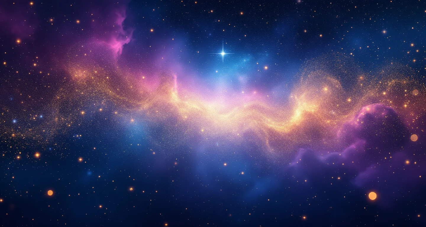 Rüyada Hamile Olduğunu Görmek Karnını Sevmek sembolünü temsil eden, mor-magenta bulutsu ve altın yıldızlardan oluşan atmosferik rüya sahnesi.