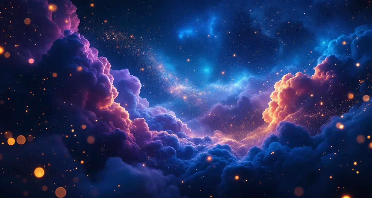 Rüyada Hamile Olduğunu Görmek sembolünü temsil eden, mor-magenta bulutsu ve altın yıldızlardan oluşan atmosferik rüya sahnesi.