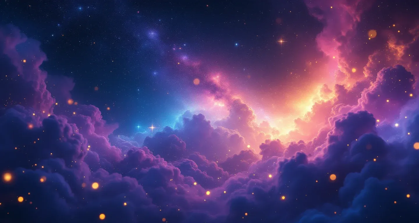Atmosphärische Traumlandschaft aus violett-magenta Nebel und goldenen Sternen, die das Symbol ‚Im Traum sagen, dass Sie schwanger sind‘ darstellt.