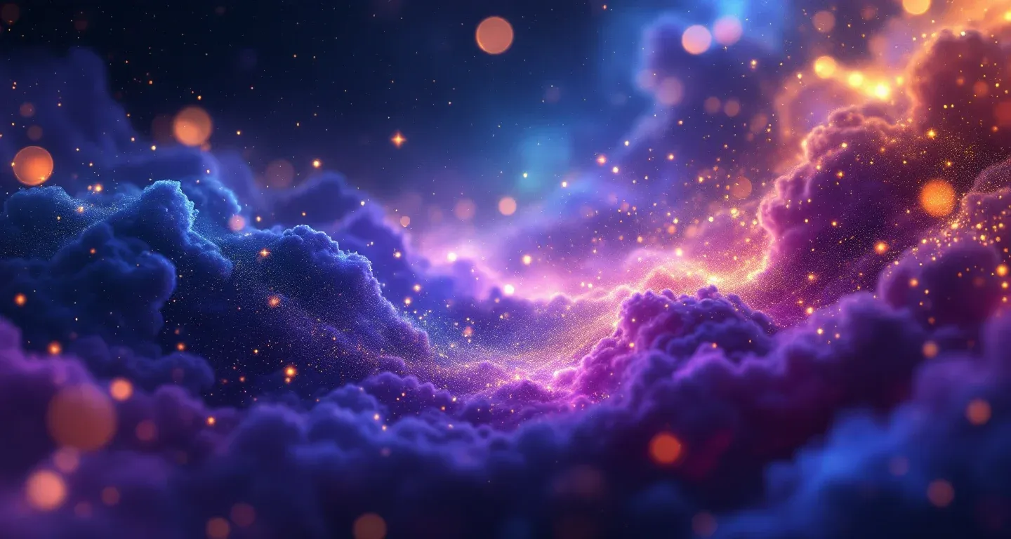 Atmosphärische Traumszene aus violett-magenta Wolken und goldenen Sternen, die das Symbol „Im Traum während der Schwangerschaft eine Blutung sehen“ darstellt.