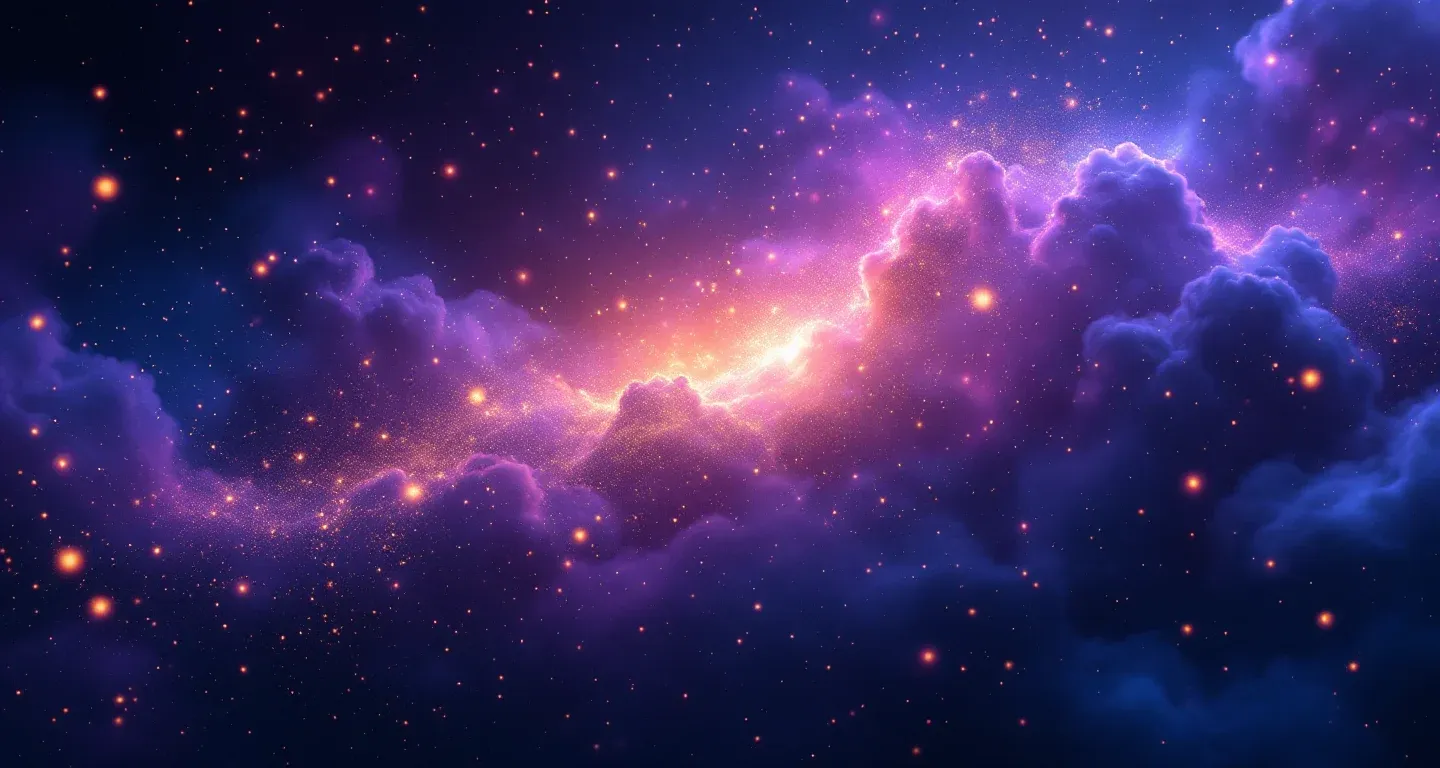 Atmosphärische Traumszene mit violett-magenta Wolken und goldenen Sternen, die das Symbol des Krankenhauses im Traum darstellt.