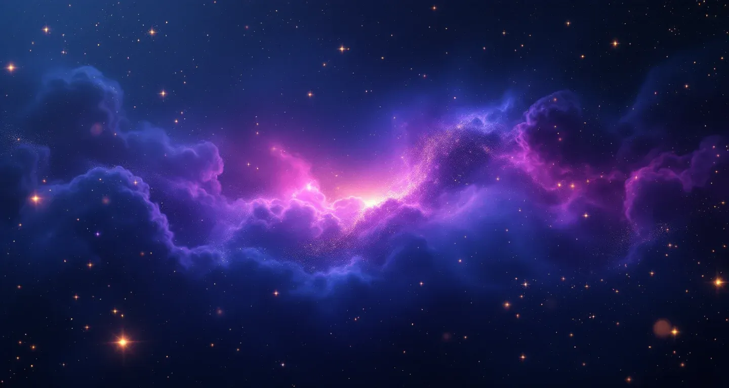 Atmosphärische Traumszene mit violett-magenta Nebelschwaden und goldenen Sternen, die das Symbol Wetter im Traum sehen darstellt.