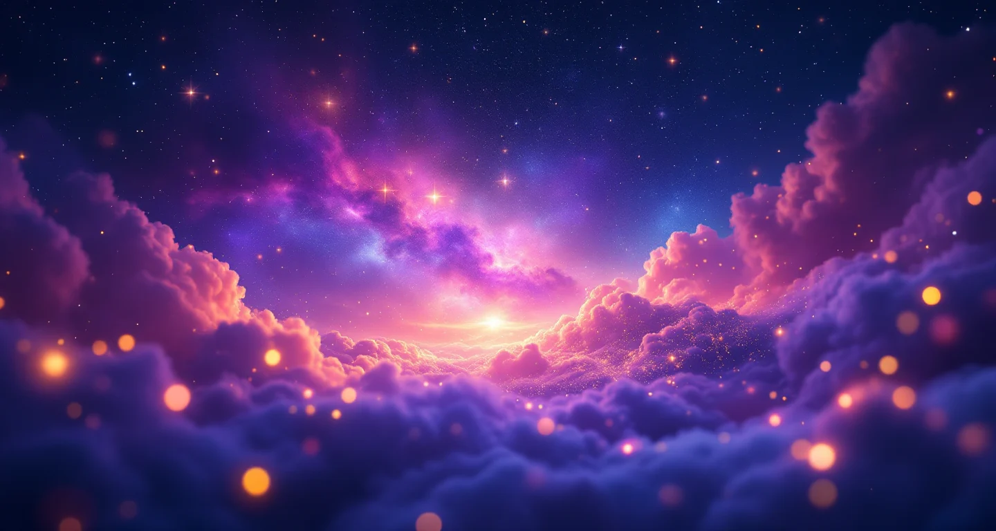 Rüyada Havuz Görmek sembolünü temsil eden, mor-magenta bulutsu ve altın yıldızlardan oluşan atmosferik rüya sahnesi.