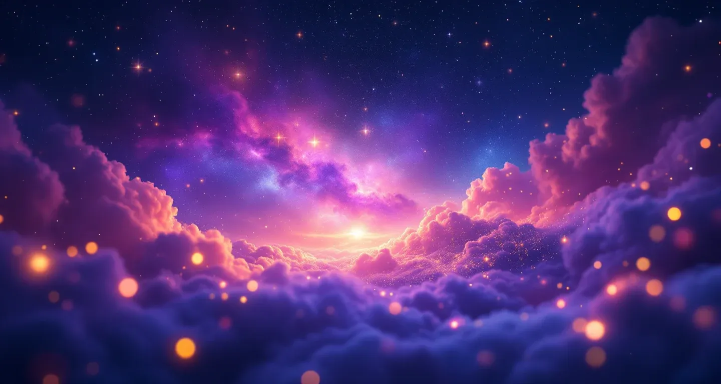 Atmosphärische Traumszene aus purpur-magenta Nebeln und goldenen Sternen, die das Symbol „Einen Pool im Traum sehen“ darstellt.