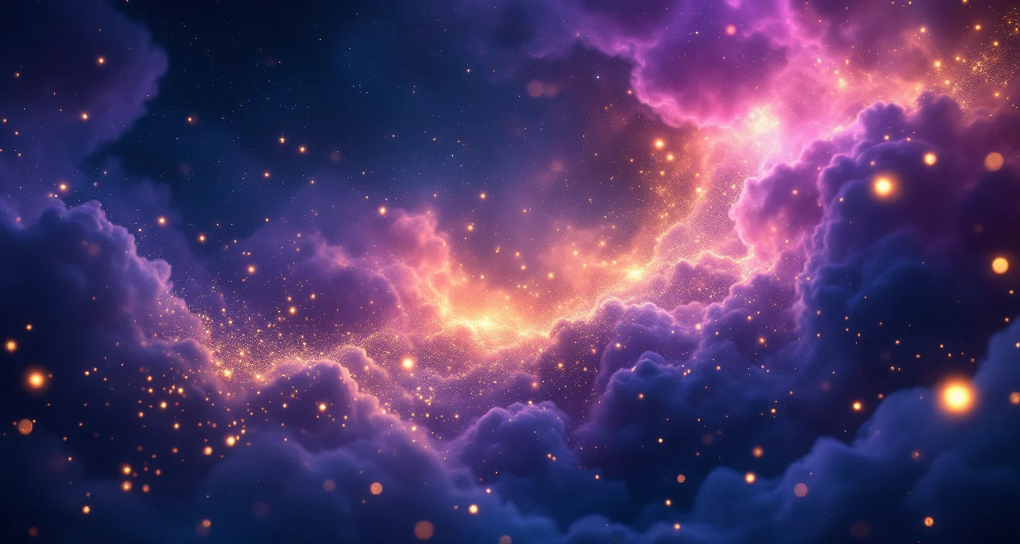 Rüyada Hayırlı Rüya Tabirleri Görmek sembolünü temsil eden, mor-magenta bulutsu ve altın yıldızlardan oluşan atmosferik rüya sahnesi.