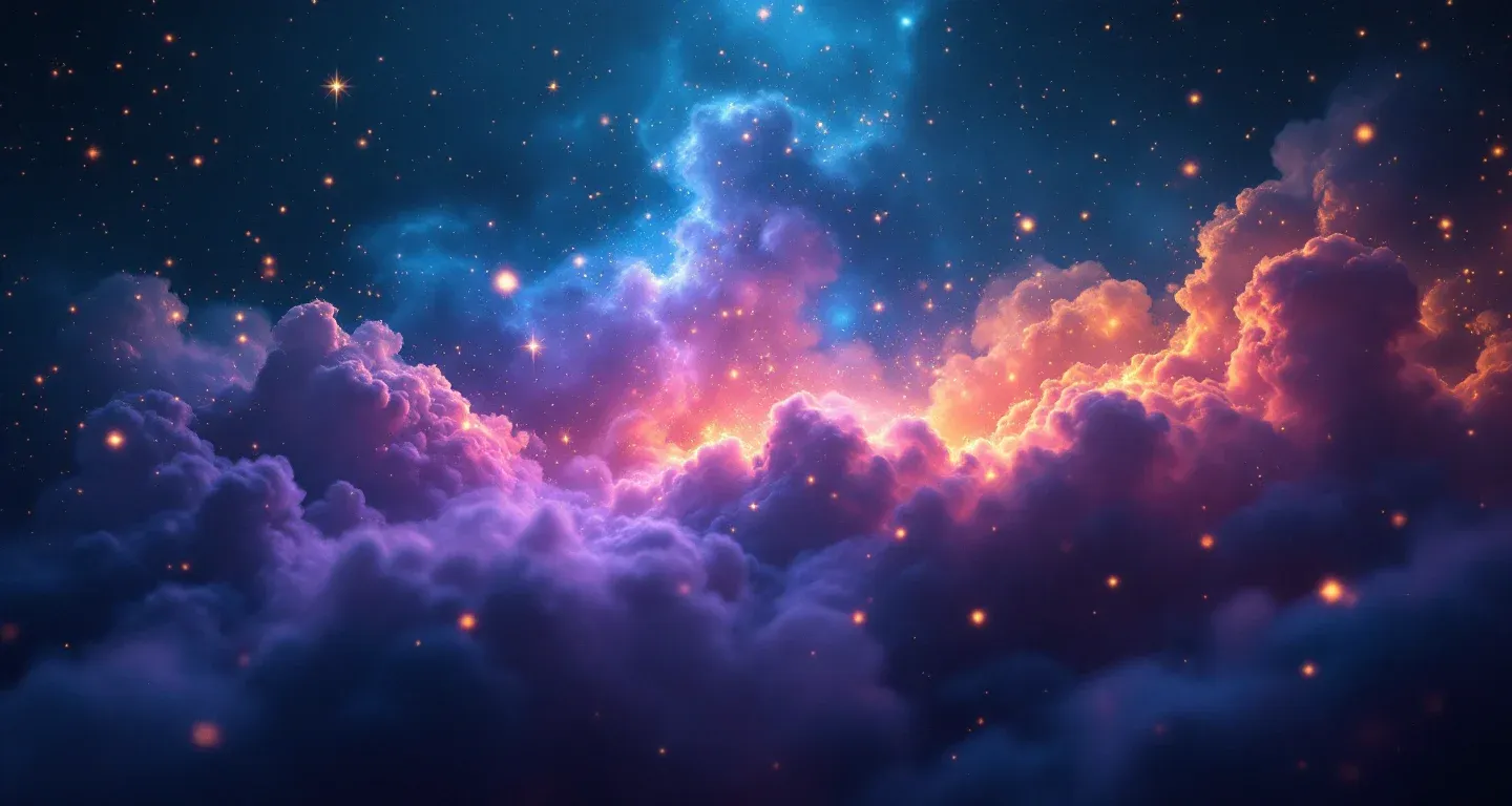 Atmosphärische Traumszene mit violett-magenta Nebeln und goldenen Sternen, die das Symbol des Hubschraubers im Traum darstellen.