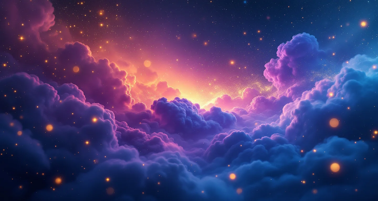Rüyada Hırsızın Kaçtığını Görmek sembolünü temsil eden, mor-magenta bulutsu ve altın yıldızlardan oluşan atmosferik rüya sahnesi.