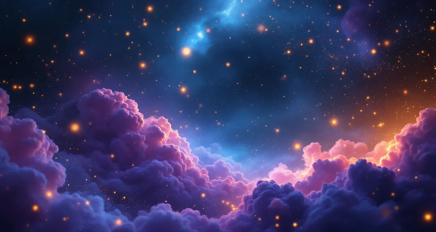 Escena de sueño atmosférica con neblina morada y magenta y estrellas doradas, que representa el símbolo de lavar una escalera con una manguera.