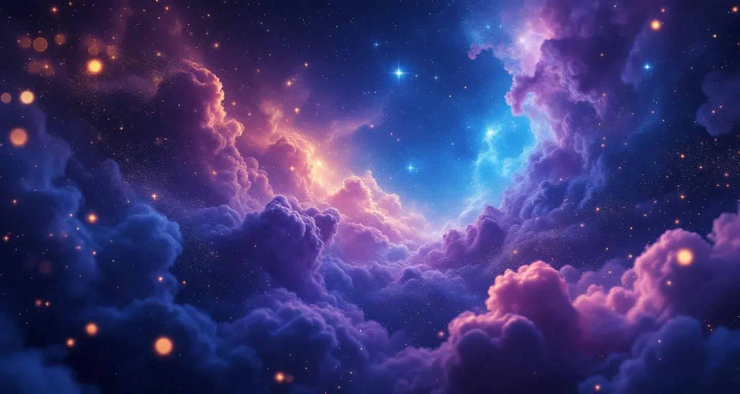 Scena onirica atmosferica con nebulose viola-magenta e stelle dorate, che rappresenta il simbolo del sangue nell’urina in sogno.