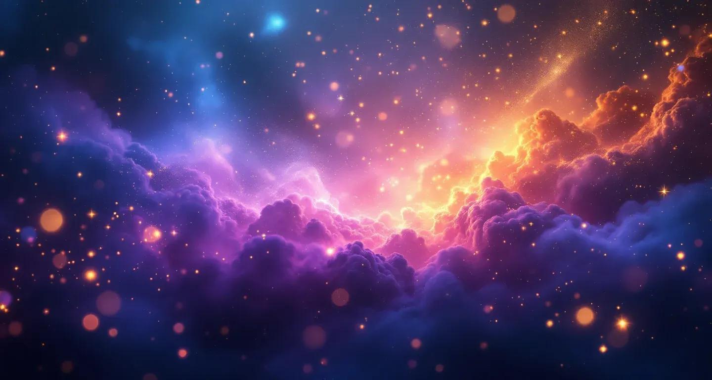Atmosphärische Traumszene mit violett-magenta Nebel und goldenen Sternen, die das Symbol Ihya im Traum sehen darstellt.