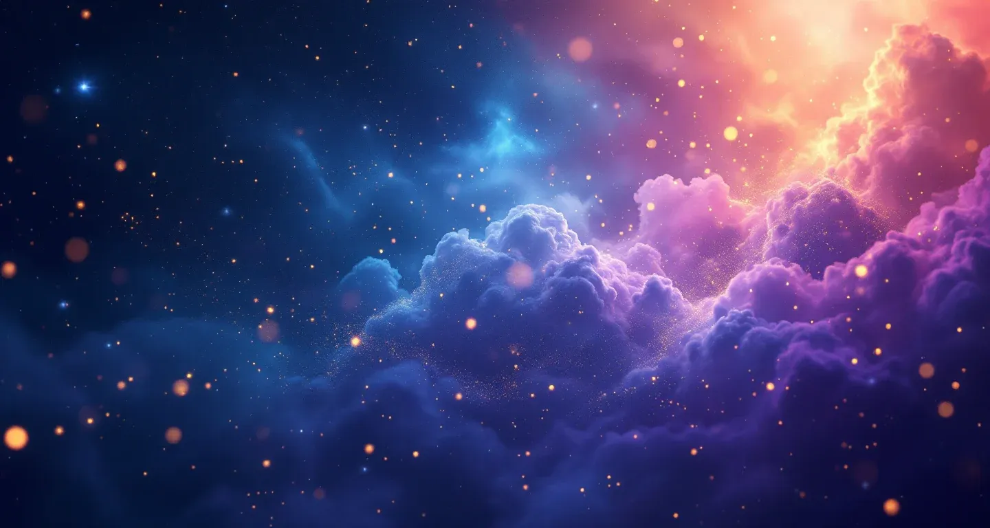 Atmosphärische Traumlandschaft mit violett-magenta Wolkennebel und goldenen Sternen, die das Symbol Im Traum die Ihya-Traumdeutung sehen darstellt.