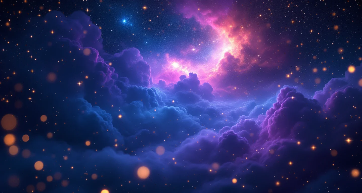Rüyada Ihya Rüya Tabirleri Imam Nablusi Görmek sembolünü temsil eden, mor-magenta bulutsu ve altın yıldızlardan oluşan atmosferik rüya sahnesi.
