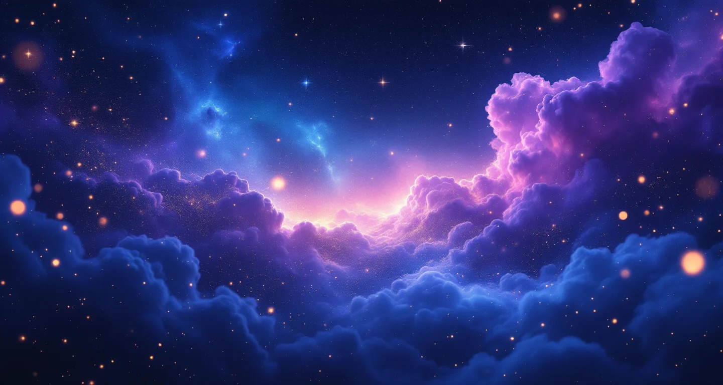Rüyada İki Erkeğin Ilişkiye Girdiğini Görmek sembolünü temsil eden, mor-magenta bulutsu ve altın yıldızlardan oluşan atmosferik rüya sahnesi.