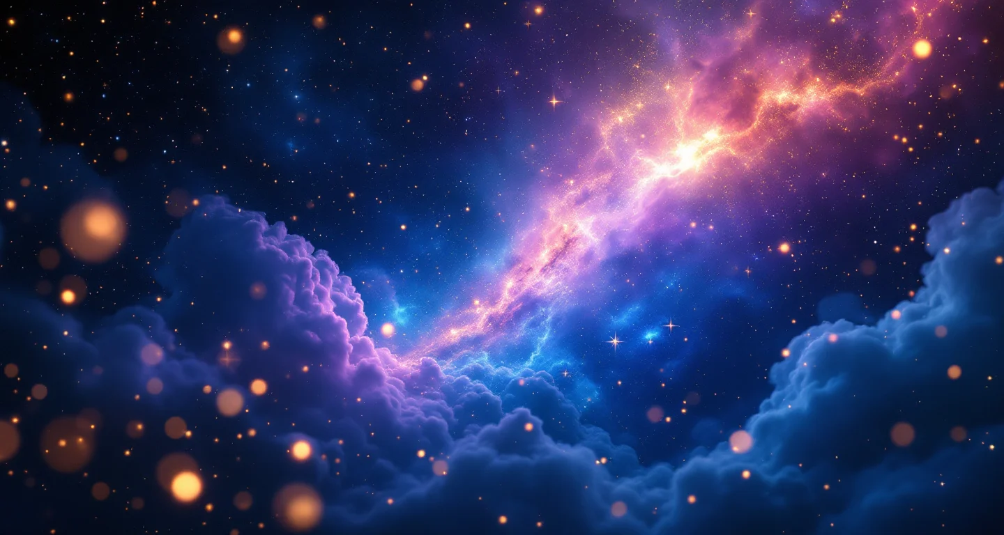 Rüyada İnek Görmek Diyanet sembolünü temsil eden, mor-magenta bulutsu ve altın yıldızlardan oluşan atmosferik rüya sahnesi.