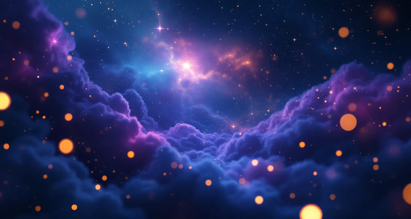 Rüyada İnek Görmek sembolünü temsil eden, mor-magenta bulutsu ve altın yıldızlardan oluşan atmosferik rüya sahnesi.