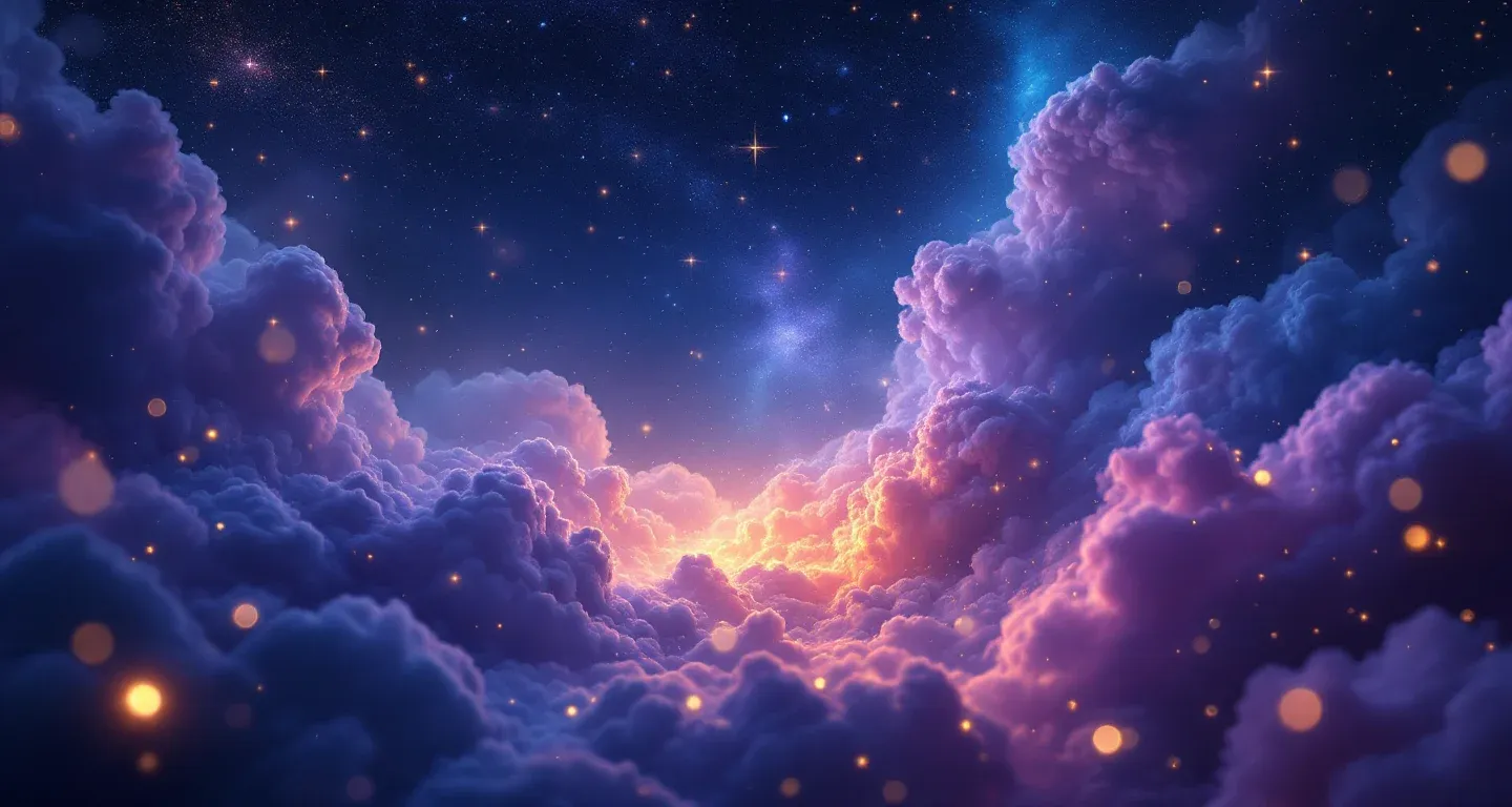 Atmosphärische Traumszene mit violett-magenta Nebel und goldenen Sternen, die das Symbol einer angreifenden Kuh im Traum darstellt.