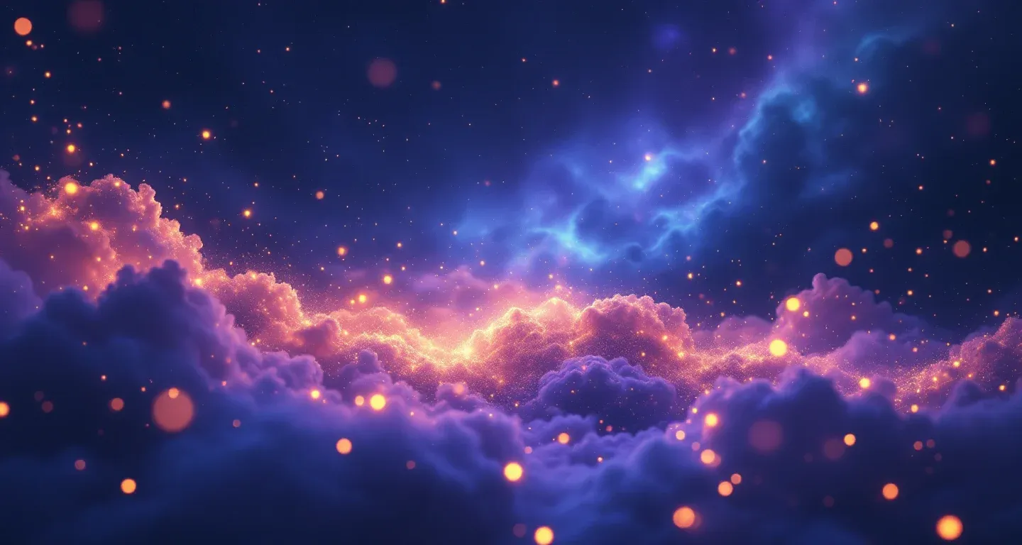 Atmosphärische Traumszene aus violett-magenta Nebel und goldenen Sternen, die das Symbol Internet im Traum darstellt.