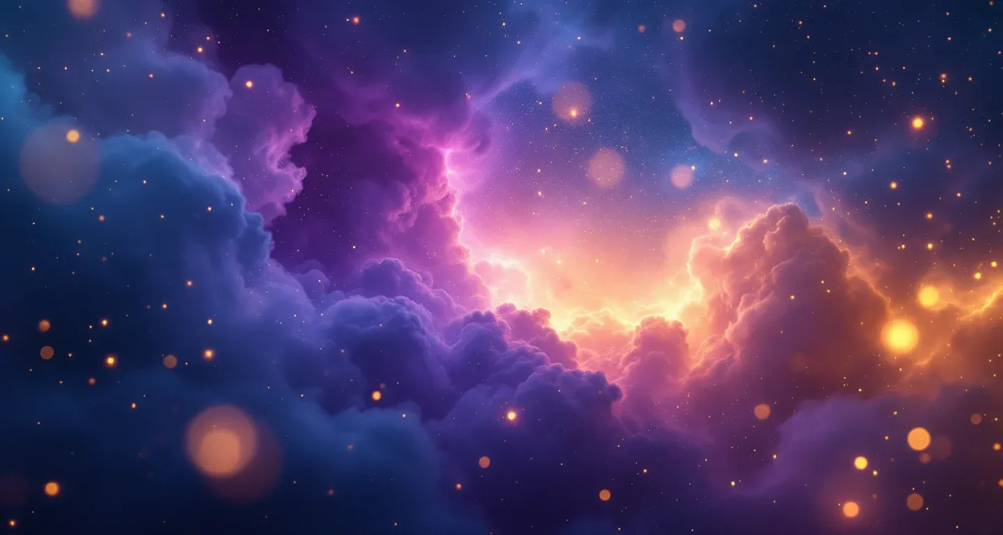 ロープに干された洗濯物を見る夢を表す、紫とマゼンタの星雲と金色の星々からなる幻想的な夢の風景。