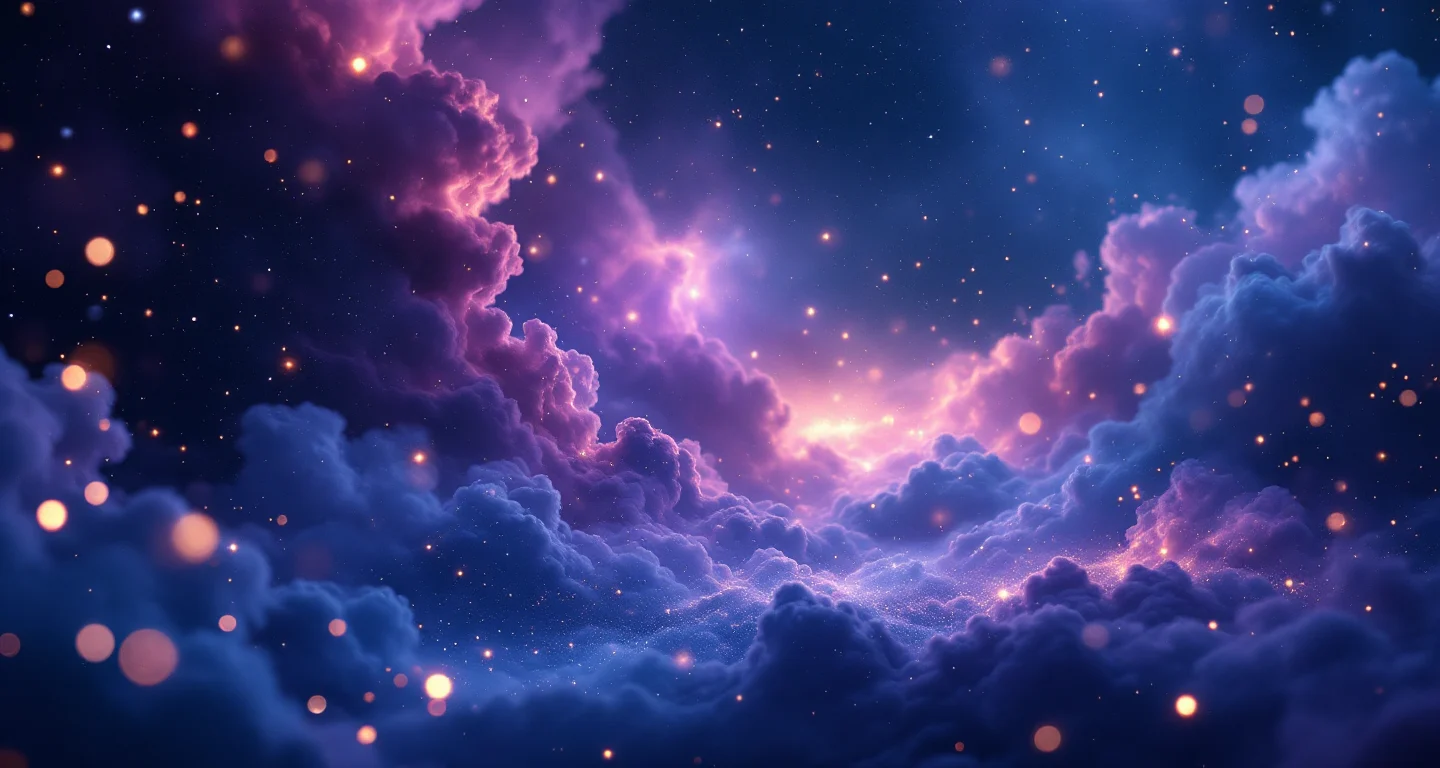 Rüyada İş Arkadaşını Görmek sembolünü temsil eden, mor-magenta bulutsu ve altın yıldızlardan oluşan atmosferik rüya sahnesi.