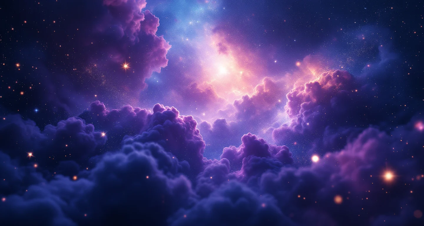 Rüyada Islami Rüya Tabiri Görmek sembolünü temsil eden, mor-magenta bulutsu ve altın yıldızlardan oluşan atmosferik rüya sahnesi.