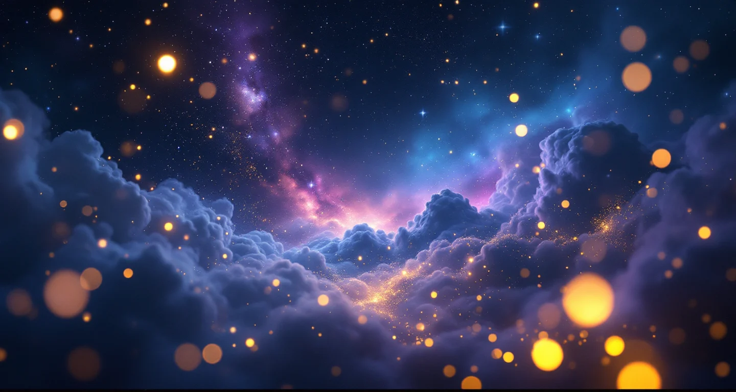 Rüyada İslami Rüya Tabirleri Görmek sembolünü temsil eden, mor-magenta bulutsu ve altın yıldızlardan oluşan atmosferik rüya sahnesi.